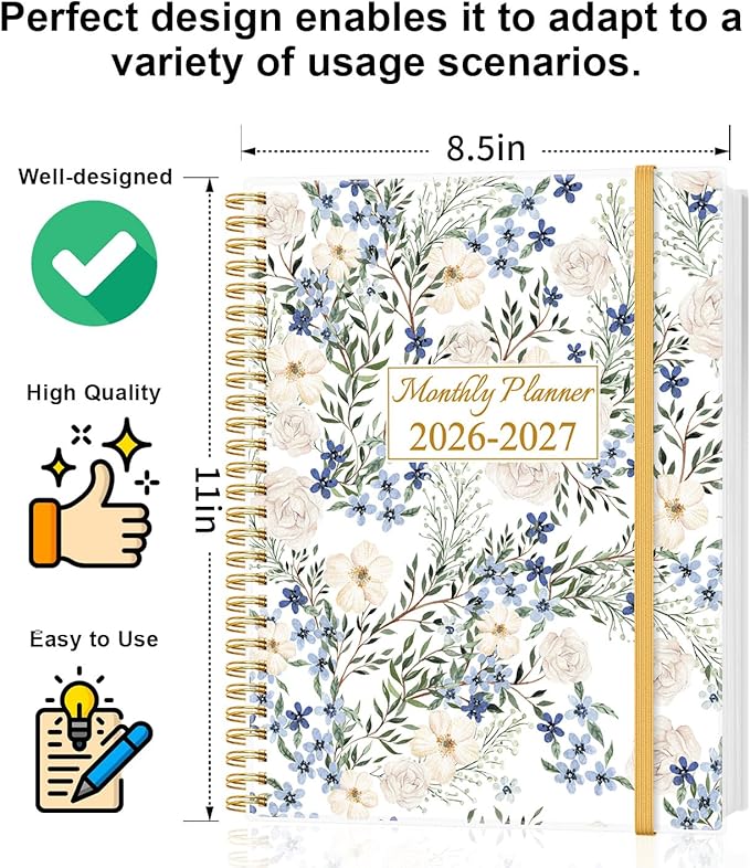 Monthly Planner 2026-2027 - Monthly Calendar from March 2026 to December 2027, 2026 Planner with Inner Pocket, Elastic Band, 8.5" x 11", Crushed Flower