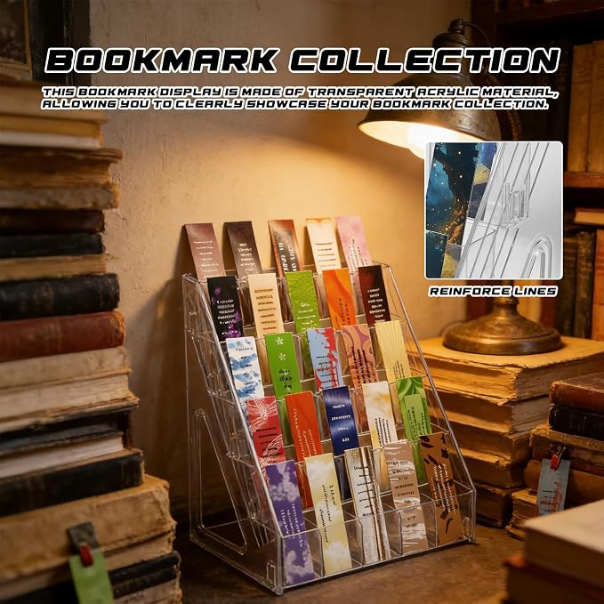 5 Tier Acrylic Bookmark Display Stand for Vendors, 25 Pockets Portable Sticker Holder Greeting Card Display for Business Vendor, Retail Store Shop