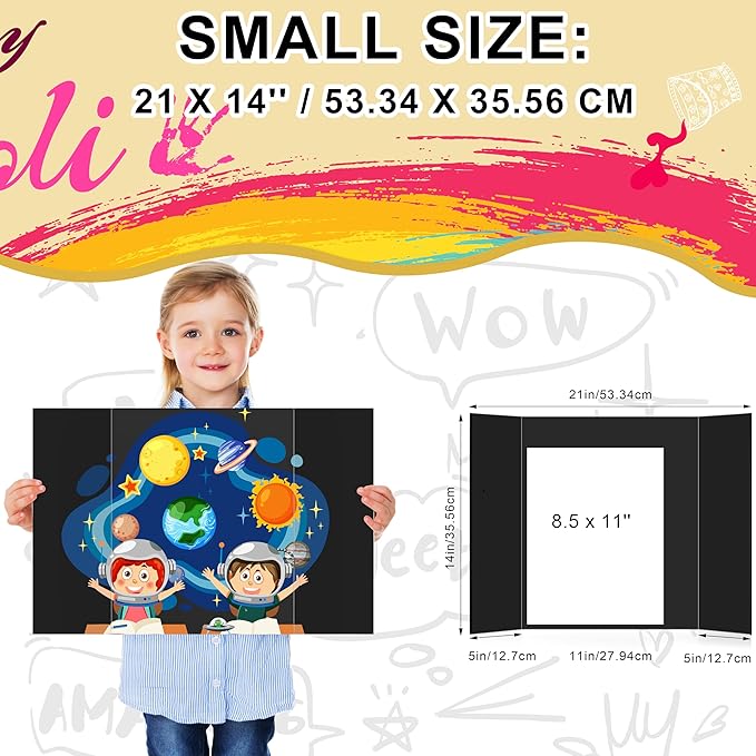HAUTOCO 3 Pcs Small Trifold Poster Board 21 x 14 inches Tri Fold Presentation Boards Black Corrugated Project Boards for Science Fair, School Project, Event Displays, Business