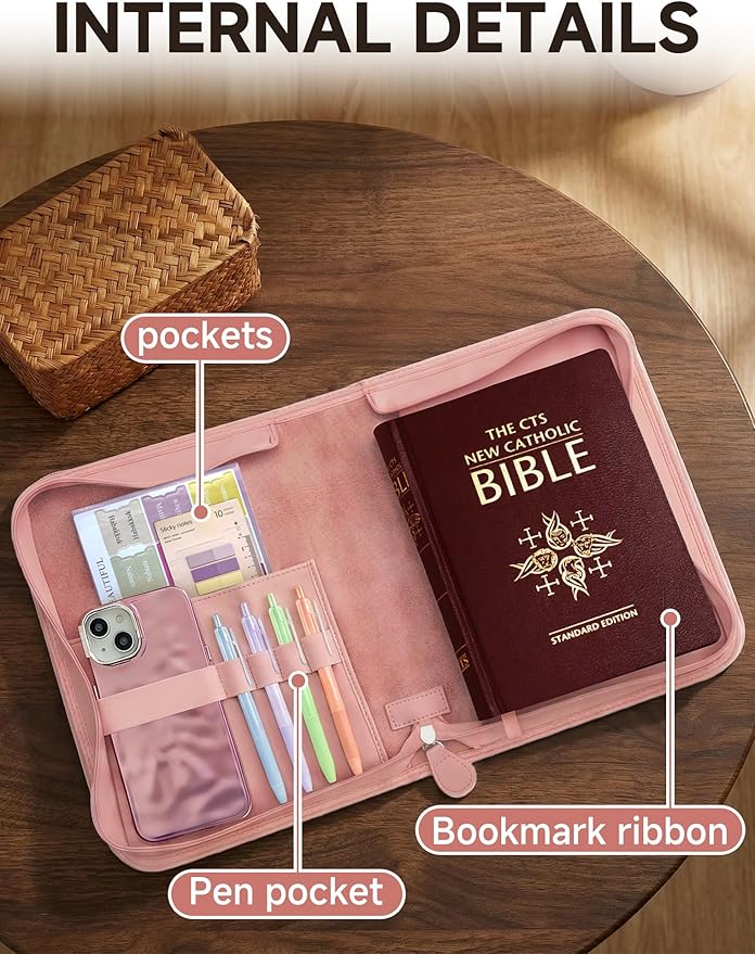 Bible Cover Case for Women, Large Bible Bag with PU Leather Hot Foil Stamping Cross Design, Journaling Kit, Bible Study Supplies Accessories, Christian Gifts for Girls & Women (Pink)