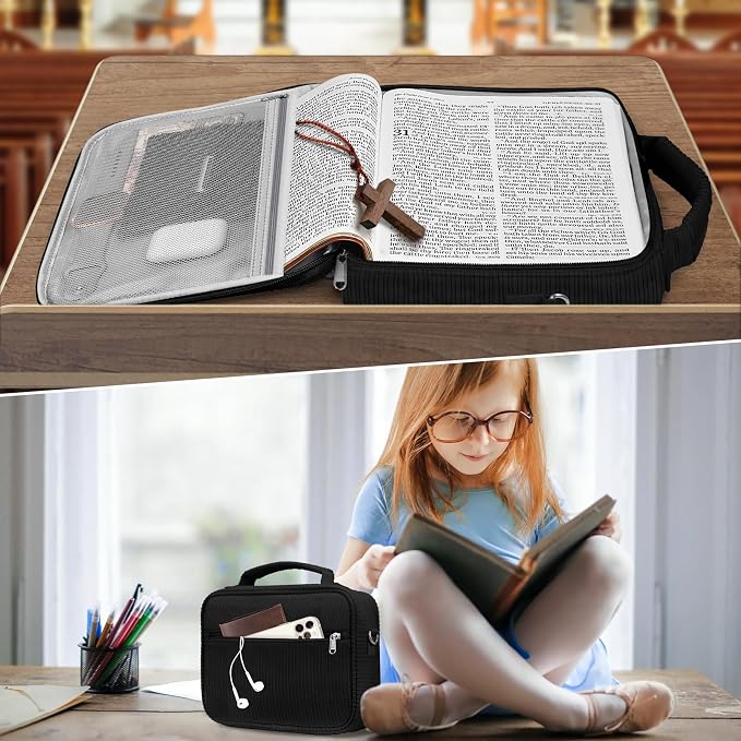 FINPAC Large Bible Cover w/Shoulder Strap, Carrying Book Case Church Bag Bible Protective w/Pen Slots and Zippered Pocket, Gift for Women Lady, Corduroy Black