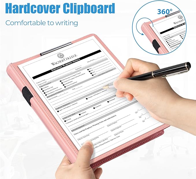 Agoer Clipboards A5 Portfolio with Cover,Interview Leather Folder with Magnetic Closure,Professional Clip Boards Padfolio with A5 Paper,Sticky Tab,Pen for Student Teacher Doctor Nurse Office,Pink