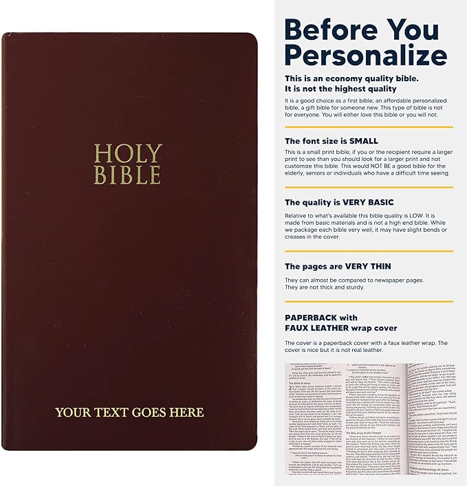 Personalized NIV Bible Faux Leather Small Print Economy Bible with Custom Name at The Lower Right Side & Red-Highlighted Verses, Custom Gift for Christian & Religious Events | Burgundy