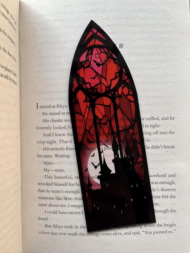 Stained Glass Style Acrylic Bookmarks Set of 2 Fantasy Inspired Transparent Bookmarks Featuring Blood Moon Castle and Shadowwing Designs