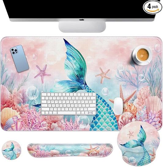 Britimes Pink Cute Deep Sea Mermaid Keyboard Mouse Pad Set 4in1 Large Mousepad+Keyboard Wrist Rest+Mouse Wrist Rest+Coaster Set with Ergonomic Design for Home Office Computer 35.4x15.7 inches