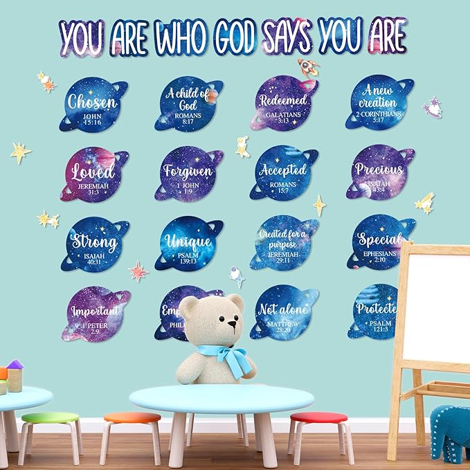 Christian Bulletin Board Decorations Inspirational Jesus Bulletin Board Sets Outer Space God Says You Are Religious Classroom Wall Decor VBS Motivational Cutouts for Sunday School Home Church Supplies