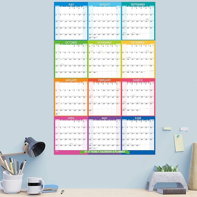 2026-2027 Yearly Wall Calendar - 2026-2027 Calendar, July 2026 - June 2027, Yearly Calendar/Planner, 34.3" x 22.8"(Open), Wall Calendars 26-27 with Double-Sided Round Sticks - Colorful