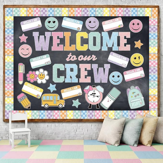 Mooliwe 94 Pcs Composition Notebook Classroom Decor Welcome Back to School Bulletin Board Set Checkered Classroom Decor Smile Face Stationery Paper Cutouts for First Day of School Wall(Boho Pastel)