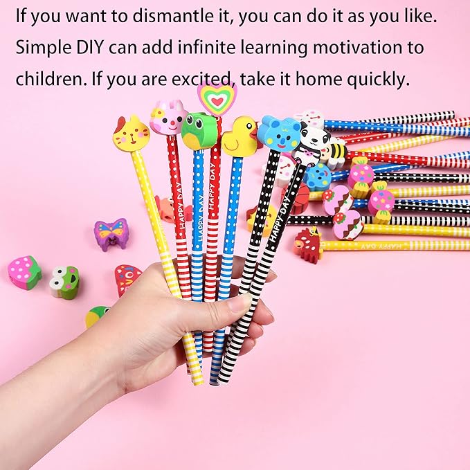 16PCS Pencils with Fruit Animal Top Eraser for Kids,Pencils with Assorted Cartoon Color Stripe Erasers Topper for Kids School Supplies and Children Prize Gifts (16)