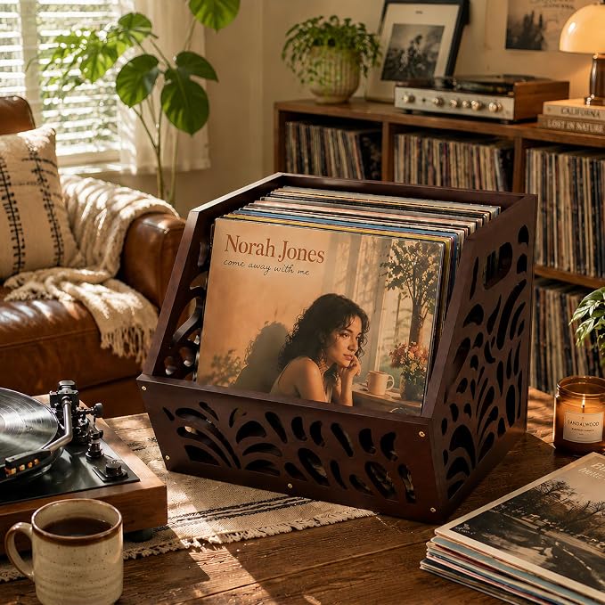 Vinyl Record Storage Box 60+ LP Record Holder Crate, Vinyl Organizer Storage Rack for Album Storage, Espresso Vintage Finish Home Decor