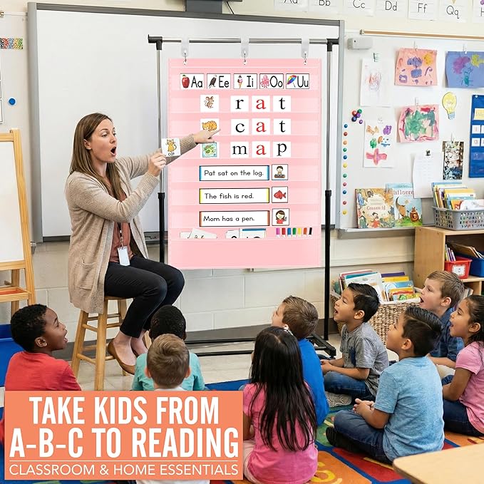 Pocket Chart for Classroom - 7+1 Pink Pocket Chart for Alphabet Learning Word Wall Calendar Daily Schedule Sentence Strips Sticker Display, Teacher Supplies for Preschool Elementary & Home