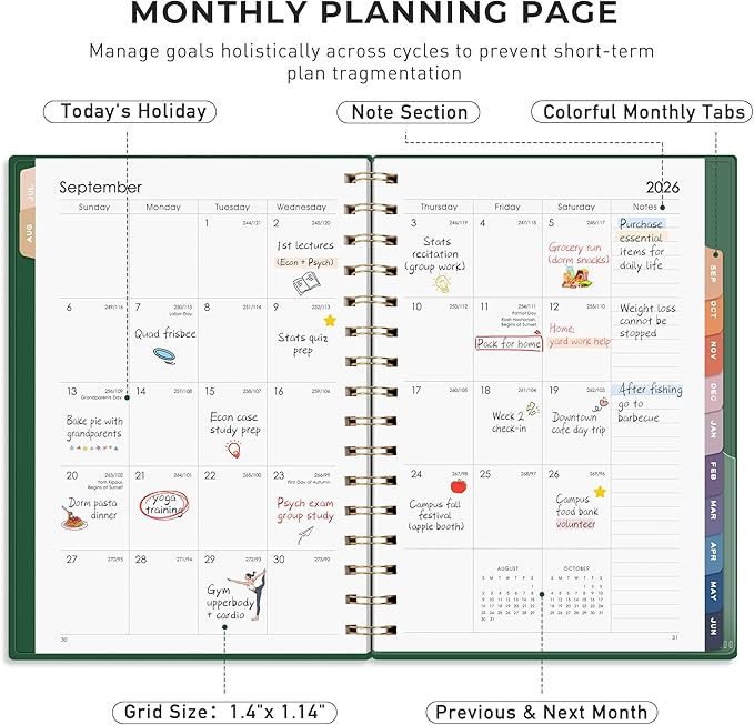 RETTACY Academic Planner 2026-2027, Weekly and Monthly, July 2026 - June 2027, Medium Size (5.7" x 8.3"), Calendar, Agenda, 12-Month Tabs, for Student, Teacher, School (Dark Green)
