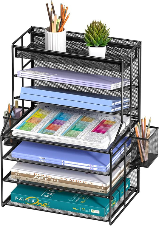Black 7 Tier Desk File Organizer, Metal Letter Tray Paper Organizer with Pen Holder and Metal Hanging Basket, Vertical Desktop File Holder for Home Office Organization