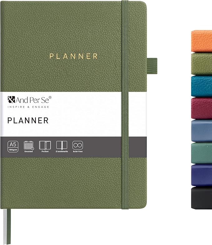 And Per Se Undated Weekly Planner 2026, A5 size Leather Hardcover Planner with Goals & Habit Tracker – ADHD Planner & Productivity Journal (Olive Green)