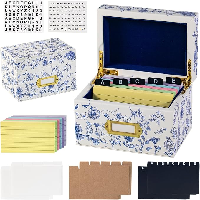 3x5 Index Card Holder, Leather Organizer Box with 300 Flash Cards, 30 Plastic Dividers & 2 Letter Stickers,Flash Recipe Card Holder Box for Home Office Kitchen (Index Card Holder-A)