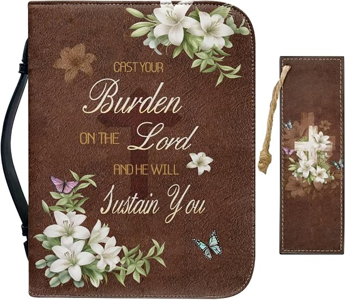 Retro Style Lily and Cross Bible Case with Bookmark Waterproof Bible Cover Case for Women Lightweight Bible Bag with Handle Pockets Church Book Bag Brown