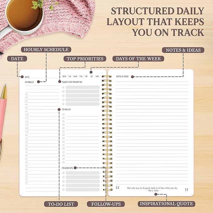 Decorably 168 Pages Undated Daily Notebook for Work with Hourly Schedule - 6.3x9.3in Gold Spring-Bound, with Top Priorities, to-dos, Notes, Ideas & Inspirational Quotes - Home, School, Office