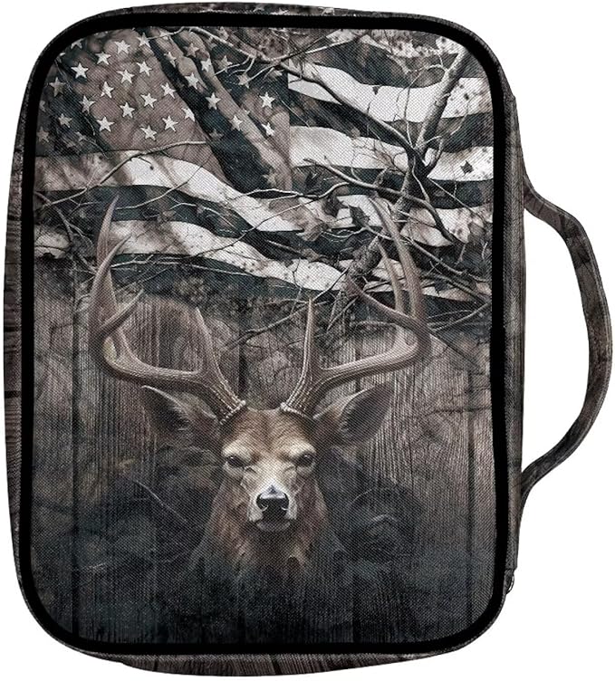 Suobstales Deer Print Bible Cover Bible Case for Women Men American Flag Design Lightweight Carrying Book Cover Church Bag Bible Protective Bag with Handle and Zippered Pocket