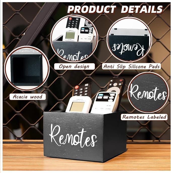 Remote Control Holder, Wooden TV Remote Holder for Table, Remote Organizer Caddy for Home Decor, Remote Box for Nightstand, Black Labeled Remote, 1 Slot - 5.1 Inch