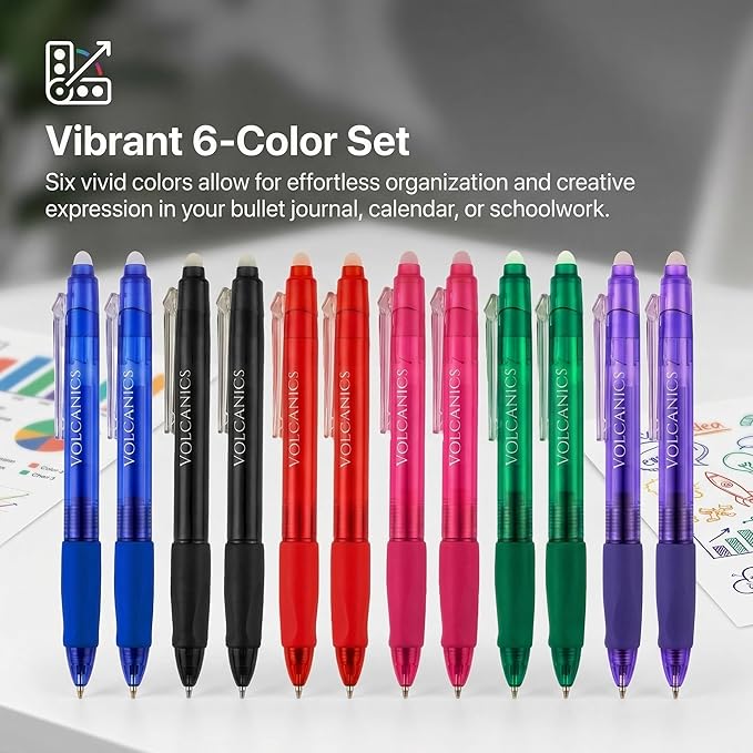 Volcanics Retractable Clicker Erasable Gel Pens 12 Pack, 6 Bright Colors, 0.7mm Fine Point Gel Ink Pens, Smooth & Refillable for Home and Office