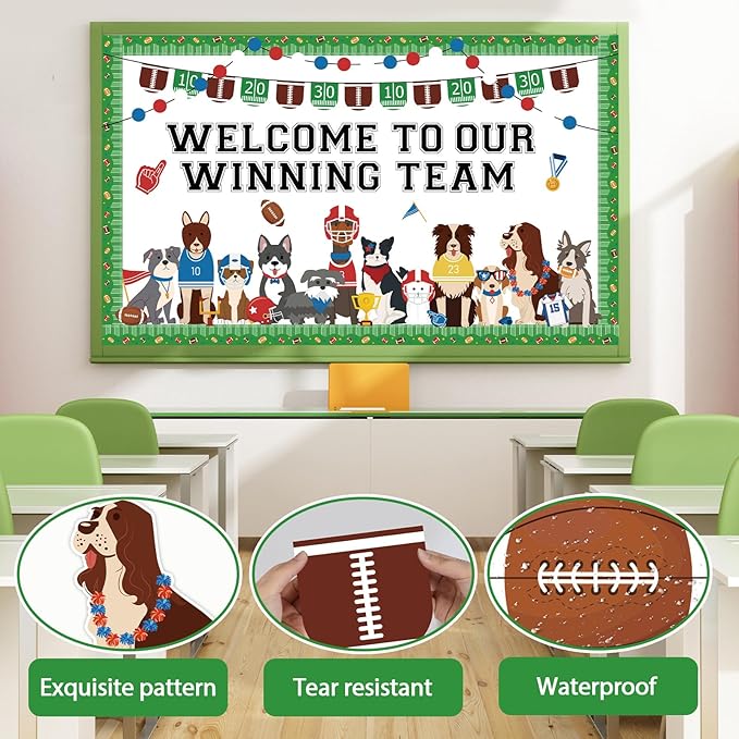 Football Pet Dog Bulletin Board Set Sports Theme Puppy Classroom Decoration Football Cute Dog Bulletin Board Sports Cutouts for School Office Game Day Party Home Chalkboard Wall Decor