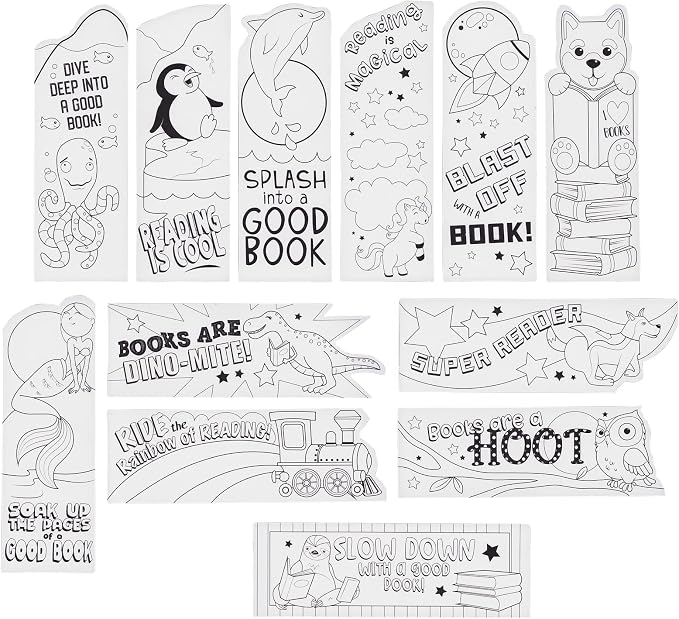 Juvale Bookmarks for Kids - 24-Pack, 2 x 6 in, White Cardstock - DIY Kit & Color Your Own Bookmarks with Bookworm Designs for Classroom Art & Party Favors