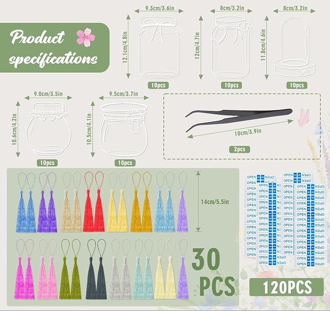 50 Pcs Bookmark Making Kit Transparent, Book Marks Set DIY Dried Flower, Include Clear Bookmarks, Colorful Tassels, Tweezer and Open Tags, Handmade Large Size Bookmark Page for Women