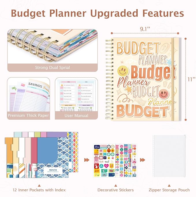 Ospelelf Budget Planner Undated, Money Expense Tracker with Pocket & Stickers, Thick Cardboard Cover, Large Pages for Spacious Writing, Original Fun Colorful Design, 12 Month Financial Notebook Beige
