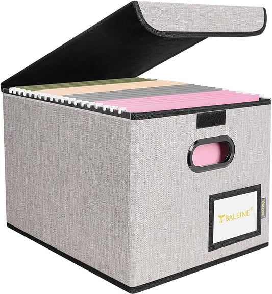 BALEINE File Organizer Box with Lid, Collapsible File Folder Organizer with Plastic Slide, Hanging File Folder Box for Office Document Storage (1 Pack, Beige)