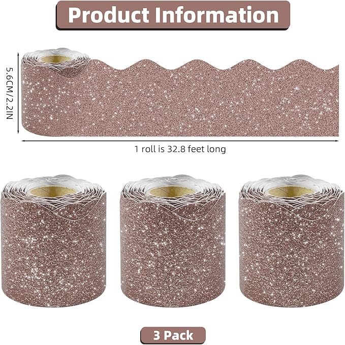 3 Rolls 98.4 Ft Glitter Bulletin Board Borders Set - Champagne Bulletin Board Decorations for Classroom, Office，School Supplies & Home DIY - Perfect for Teachers, Posters & Birthday Party Decor