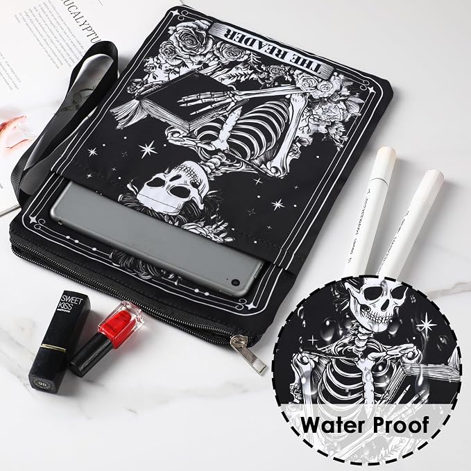 Gothic Book Sleeve Pouch - Skeleton Tarot Books Covers Protector for Paperbacks with Handle Pocket Waterproof Bookworm Accessories Bookish Birthday Halloween Christmas Gift for Reading Lover