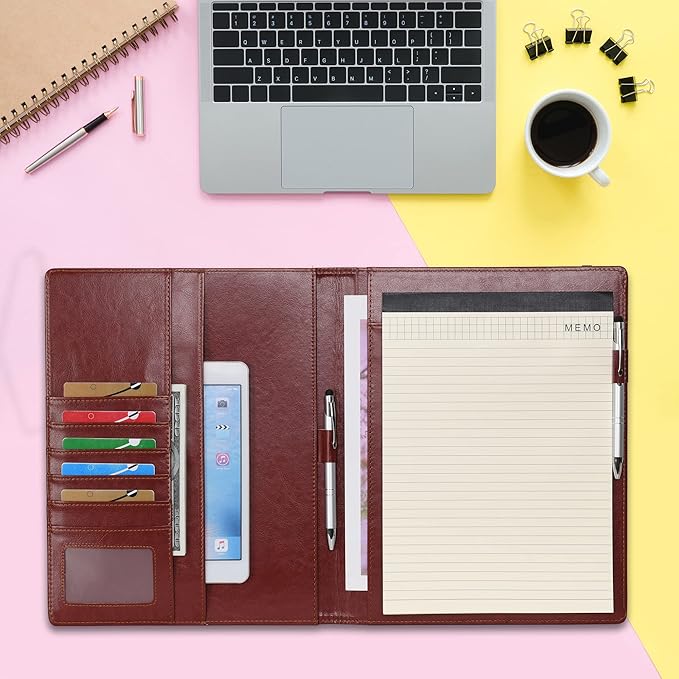 Wonderpool A4 PU Leather Clipboard Partfolio Notepad Forms Holders Document Case - Interview Planner Meeting Writing Padfolio File for Office Travel School Hotel Hospital (A4,Brown)
