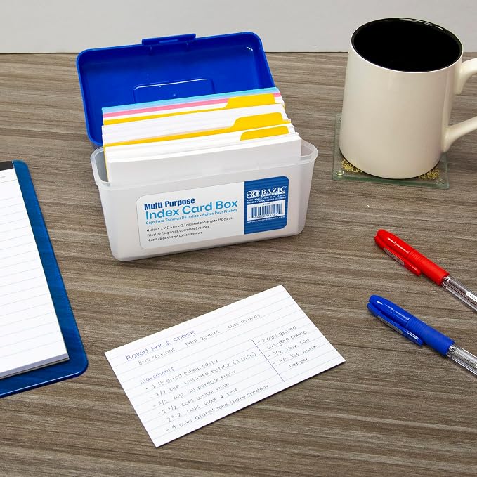 BAZIC Products Index Card File Box, 3 x 5 in, Holds 250 Cards, Latch Lid, for Study Office Recipes, Case of 36