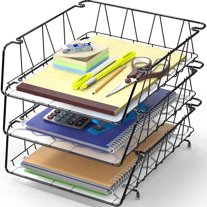 Simple Houseware Stackable Desk File Document Letter Tray with Liner, Wire Grid, 3 Packs, Black