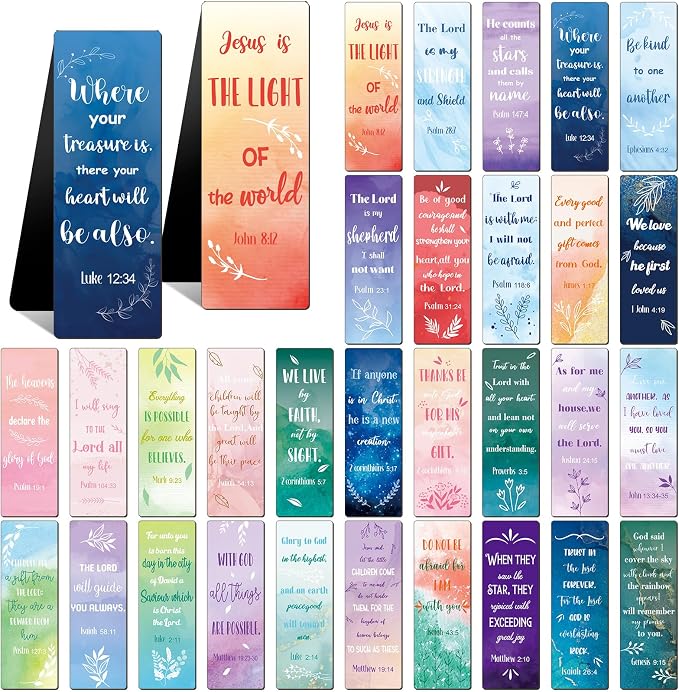 Chinco 30 Pcs Magnetic Bookmarks Christian Bookmarks Bulk Bible Verse Inspirational Scripture Page Clips for Women Childrens Kids Teachers Mothers Day Church Supplies School Gifts(Watercolor)