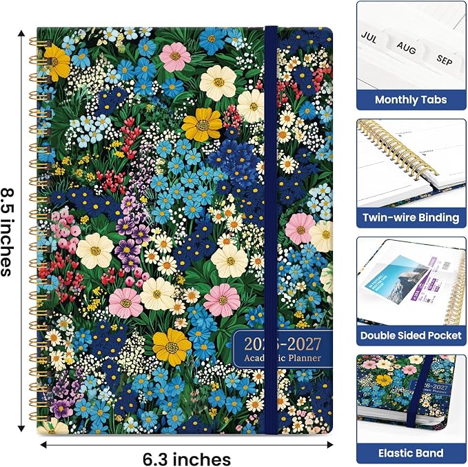 Planner 2026–2027, Weekly & Monthly Academic Organizer for School Year, Jul 2026–Jun 2027, Hardcover Planner with Tabs, Back to School Essential, 6.3" x 8.5", Wildflower Meadow