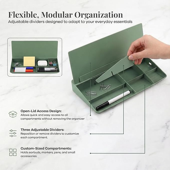 Birch Small Desktop Glass Whiteboard & Magnetic Calendar – Dry Erase Desk Pad Keyboard Stand with Storage, Adjustable Dividers, 3 Markers & Eraser – Office, Home & School (Moss)