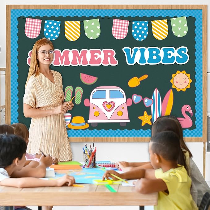 QOUBAI Hello Summer Bulletin Board Set Beach Theme Classroom Bulletin Board Decorations Surfing Tropical Palm Cutouts for Back to School Bus Teacher Supplies Nursery Home Chalkboard Wall Door Decor