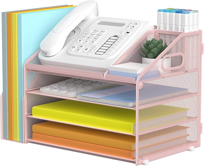 DocNest 4 Tier Paper Letter Tray File Organizer, Mesh Desk File with Handle, Workspace Desk Organizers with Pen Holder, Office Organization Storage Accessories - Pink