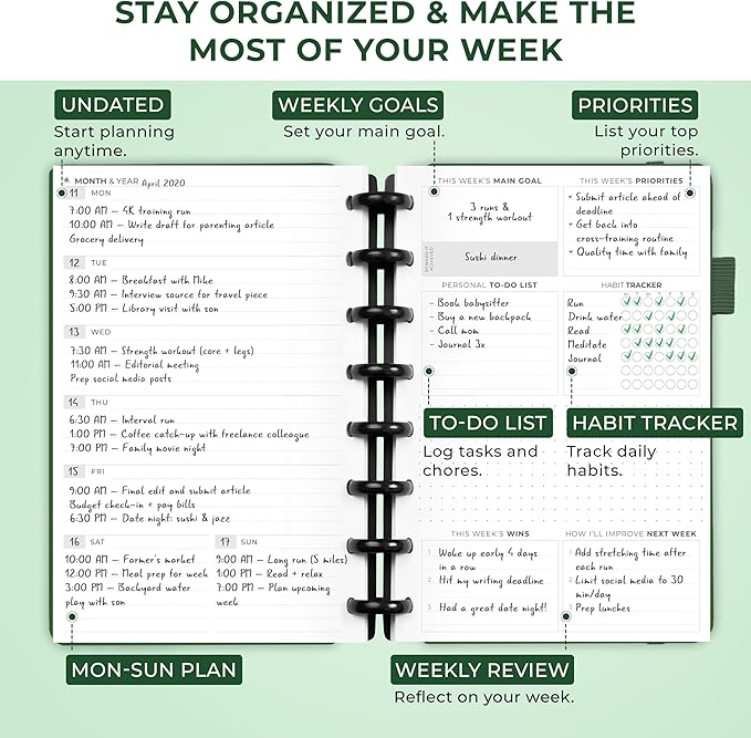 Clever Fox Disc-Bound Weekly Planner – Undated Monthly Notebook with Habit Tracker, Productivity Journal – Life, Work & Goal Organizer, 6.5 x 8.4" (Forest Green)