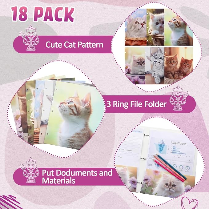 Handepo 18 pcs Pocket Folders 2 Pocket Letter Size 3 Ring File Folder Portfolio Kitten Decorative Folders for Teachers Students School Office Party Supplies 12X9.25 inch