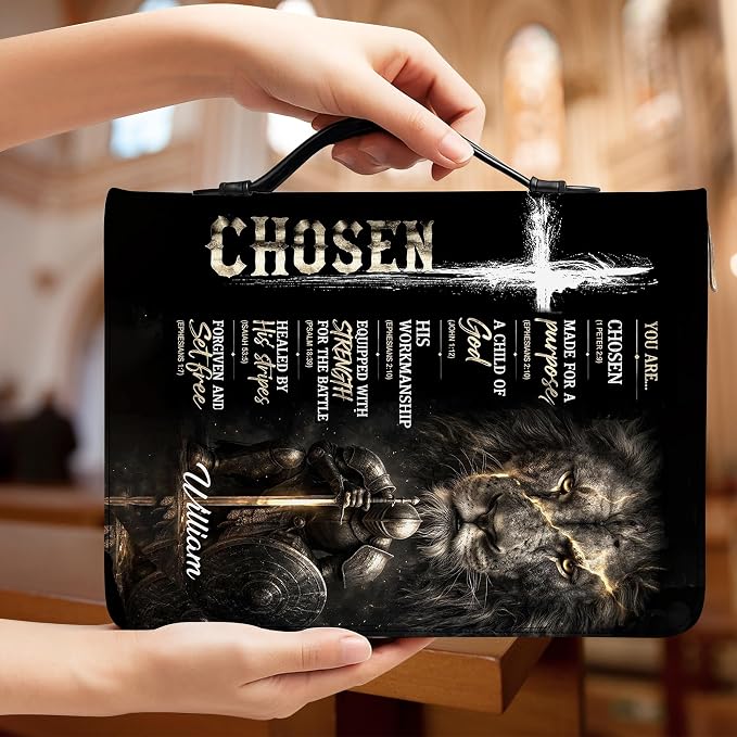 Personalized Man of God Bible Cover for Men, Christian PU Leather Bible Case with Handle Zipper, God Says I Am Warrior Scripture Bible Holder, Religious Gift for Men (You are Chosen)