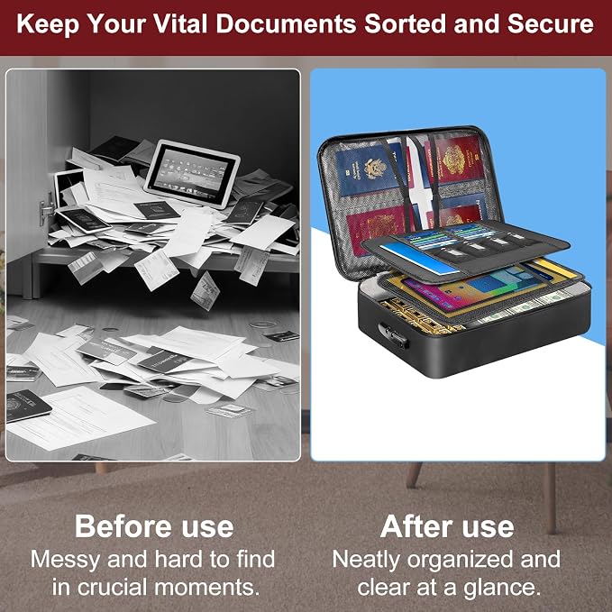 Fireproof Document Box with 5200℉ Heat Insulated, Document Organizer with Lock and Aluminum Foil Fire-Retardant Lining, Portable Home Travel Safe Storage with Multi-Layer for Important Documents