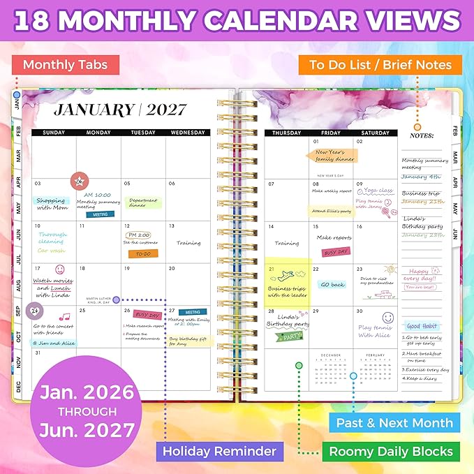 Planner 2026-2027, 18 Month Weekly and Monthly Planner, Jan. 2026 - Jun. 2027, 9" x 11.6" A4 Large Hardcover Calendar Planner with Page Tabs, Separator Page, Inner Pocket, Bookmark, Stickers, Sticky Note Set