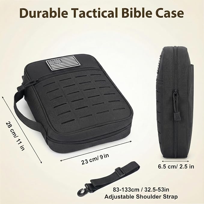 Tactical Bible Cover for Men, Large Bible Case with Shoulder Strap & US Flag Patch, Water Resistant Bible Carrier Bag with Handle, Multi Pockets for Church Study & Travel（Black）