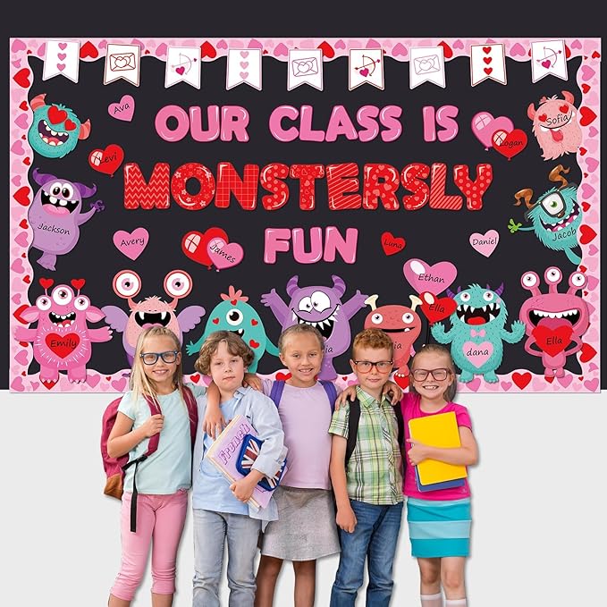 gisgfim Valentine's Day Monster Bulletin Board Set Decorations Valentines Classroom Decor Love Heart Monster Cutouts for School Home Chalkboard Wall Door Party Supply (Our Class is Monstersly Fun)