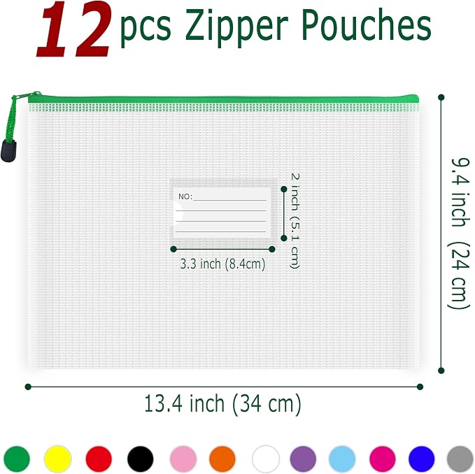 Plastic Mesh Zipper Pouch, 12 Pcs Zipper File Bags with Label Pocket, Game Boards Storage Bags, Waterproof Document Storage Bags for Office Home Travel Cosmetic (A4 Size 13.4 x 9.4 in)