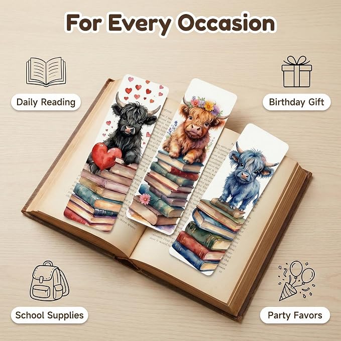 Highland Cow Bookmarks (10 Pack), 6''x2'' Cute Bookmarks Gifts for Graduation Readers & Book Lovers Double-Sided Bookmark for Women Men, Matte Laminated Round Corners Page Markers