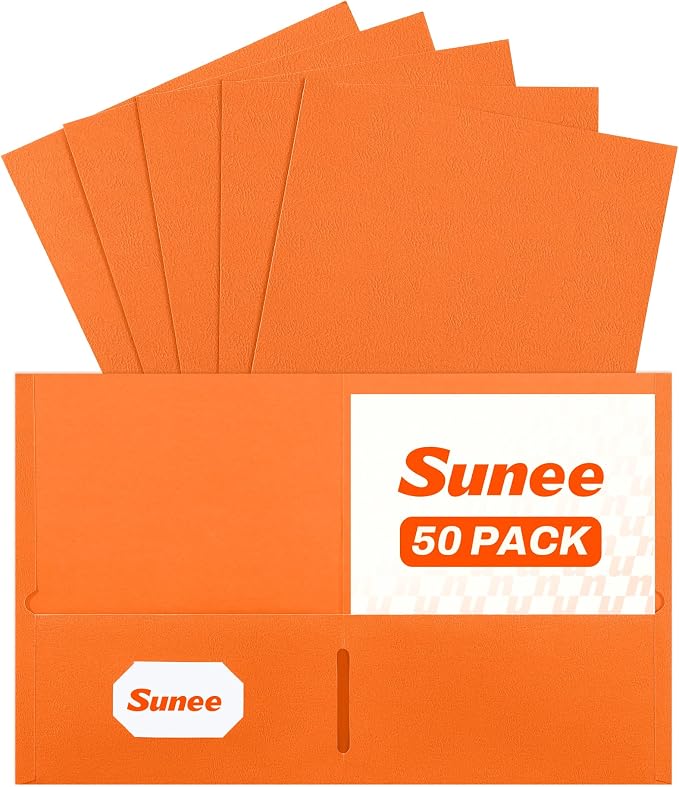 SUNEE Two Pocket Folders, 50 Pack File Folders with Business Card Slot, Textured Paper, Fit Letter Size Paper, Paper File Folder for School Office Home Business, Orange