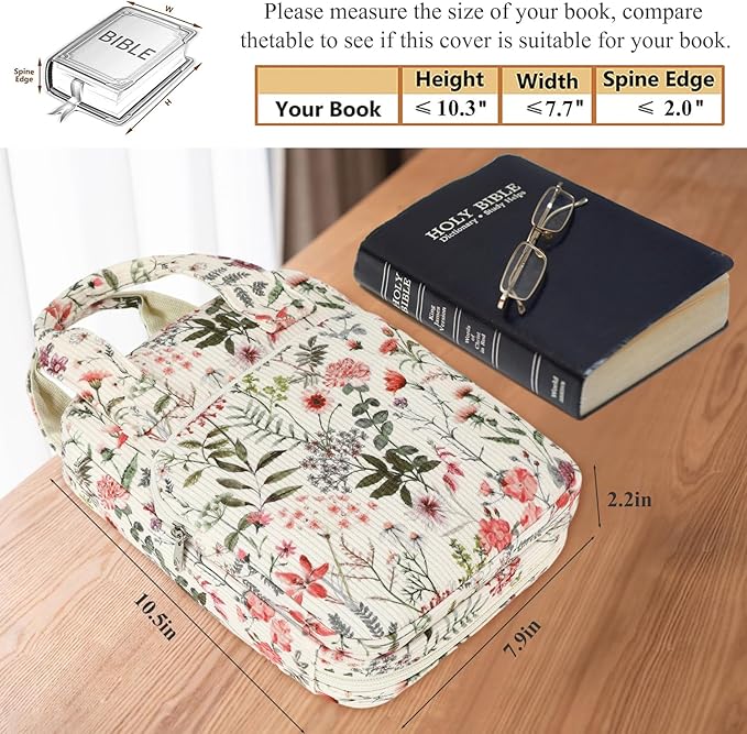 DSIUE Kids Bible Cover Case Gilrs Corduroy Bible Carrying Case Book Holder/Carrier/Bag with Handle and Pockets, Blue Patchwork Floral